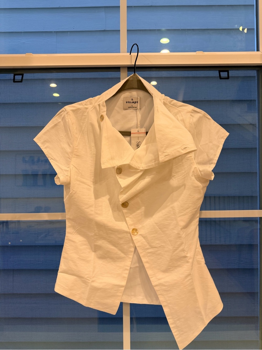 White Short-Sleeve Asymmetrical Button Blouse